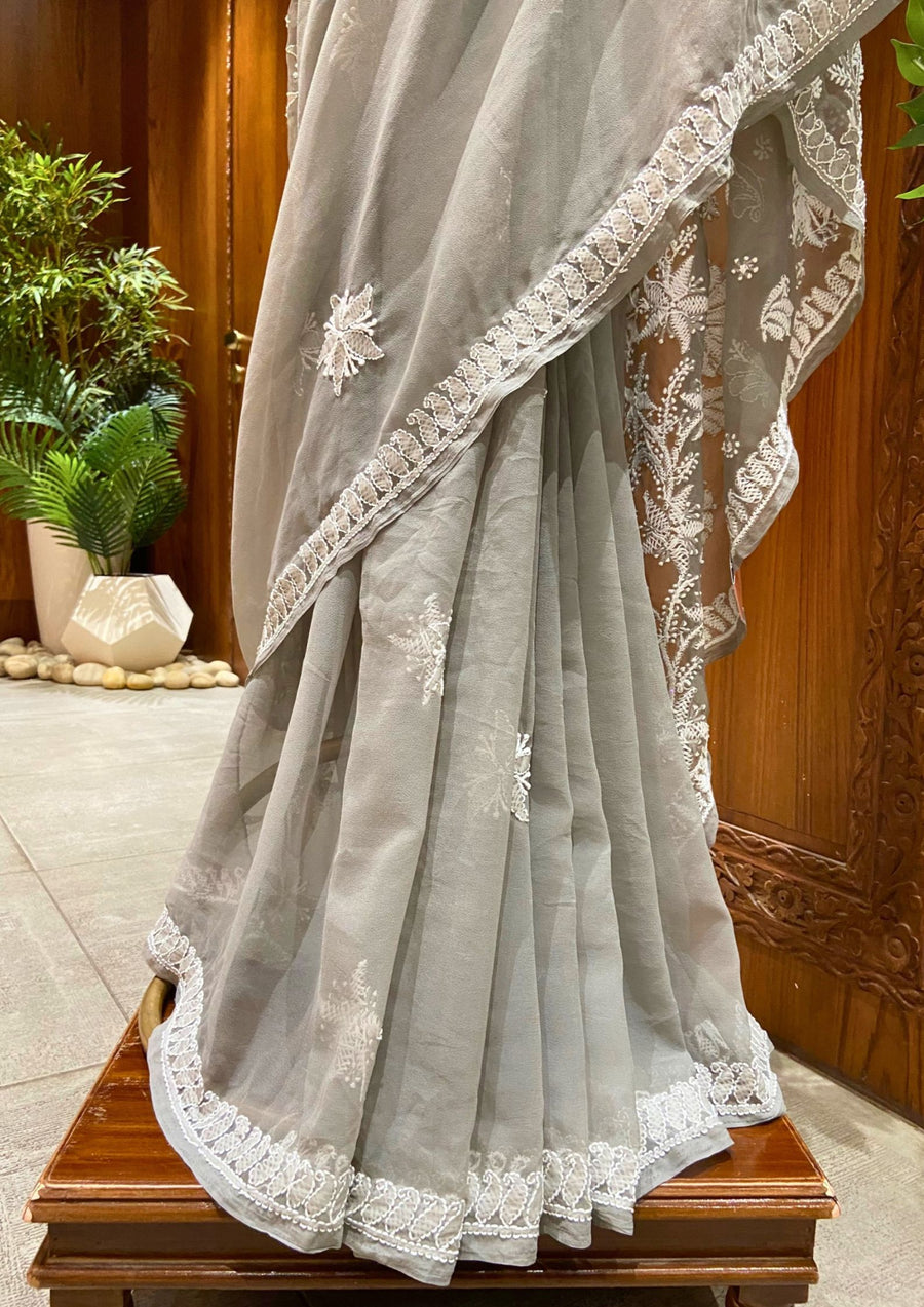 Chikan Saree Georgette - Grey