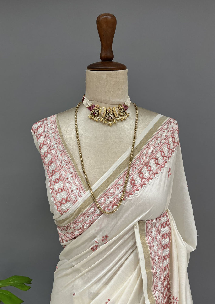 Chanderi Chikankari Saree - Ivory