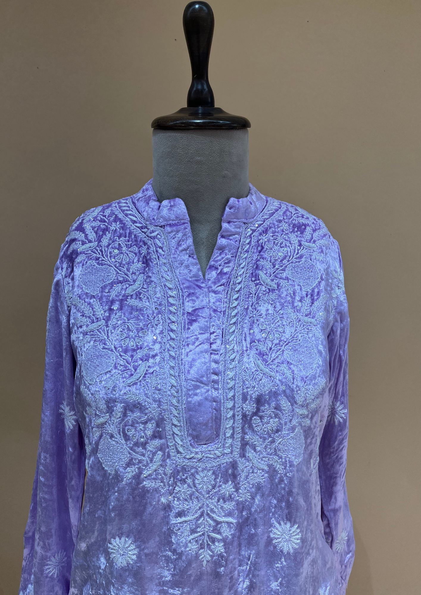 Velvet Chikankari Stitched Coord Set - Lilac