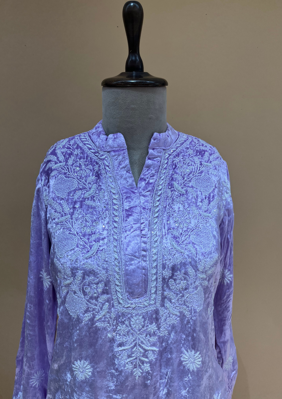 Velvet Chikankari Stitched Coord Set - Lilac