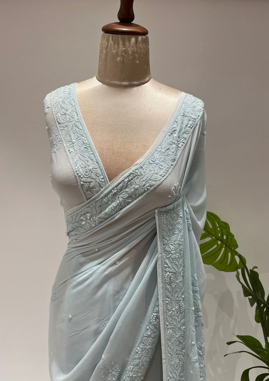 Viscose Chikankari Saree - Powder Blue