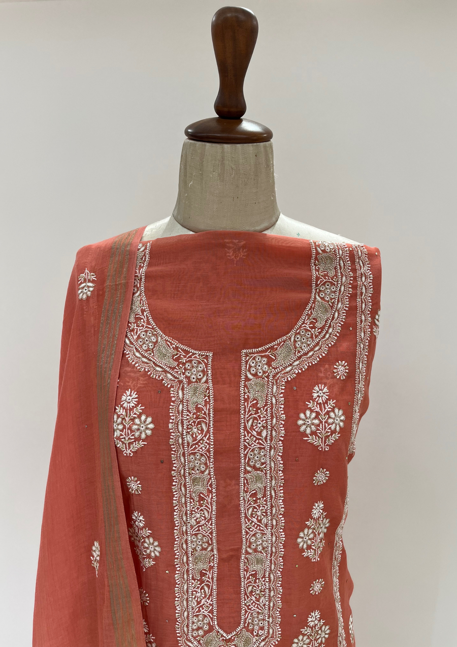 Mul Chanderi Chikankari Unstitched Suit- Coral Pink