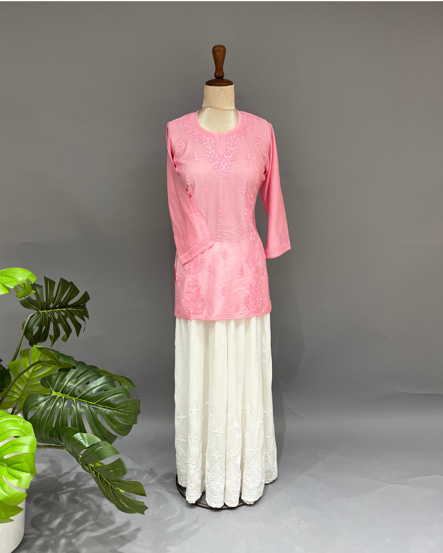 Chanderi Chikankari Short Kurti - Carnation Pink