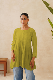 Muslin Short Kurti - Ombre Olive Green