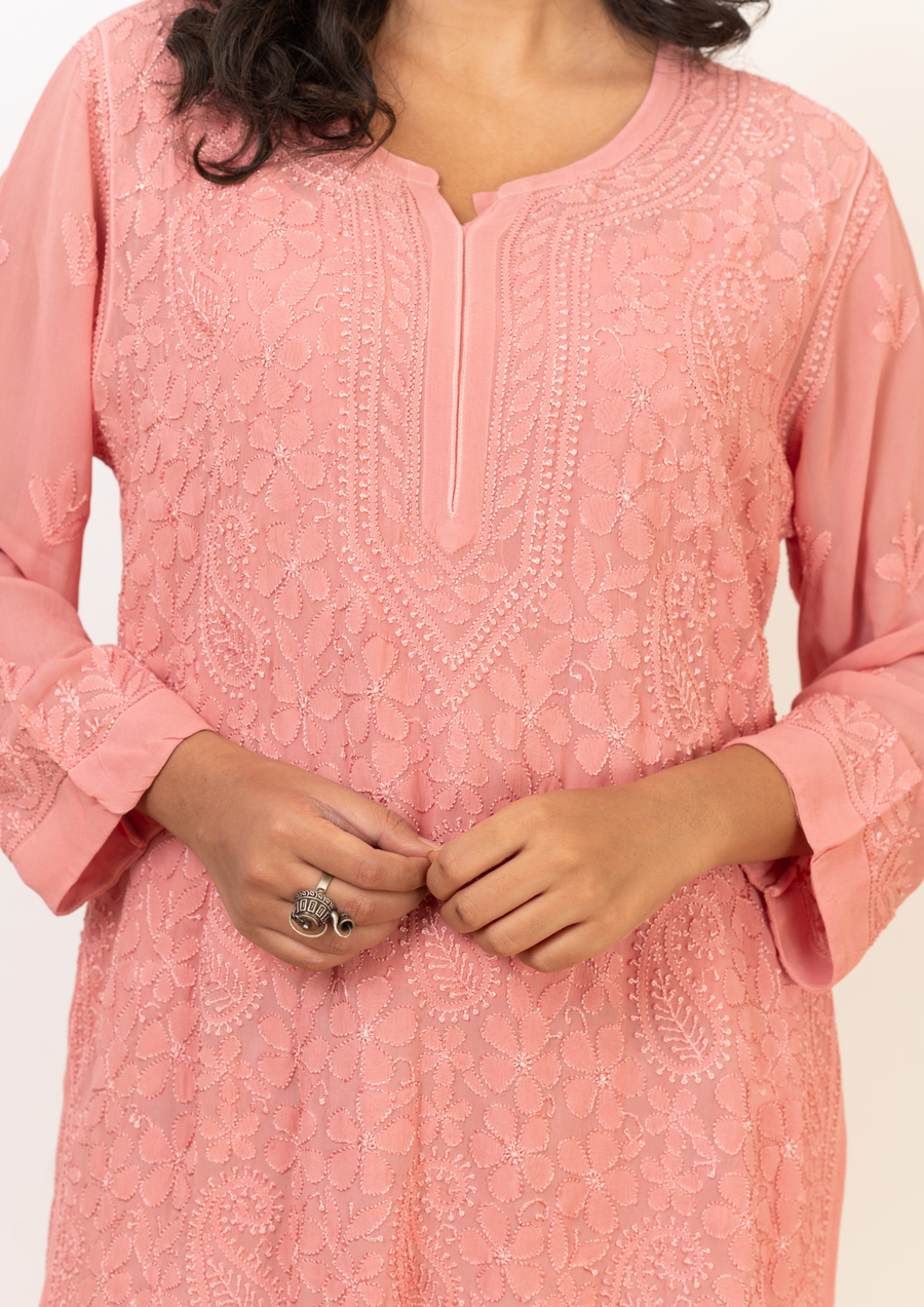 Georgette chikankari short kurta - dusty pink