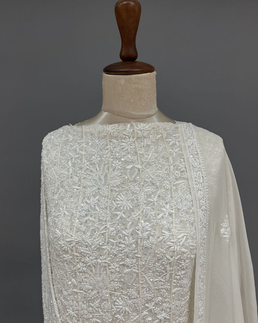 Pure Georgette Chikankari Unstitch Anarkali - White