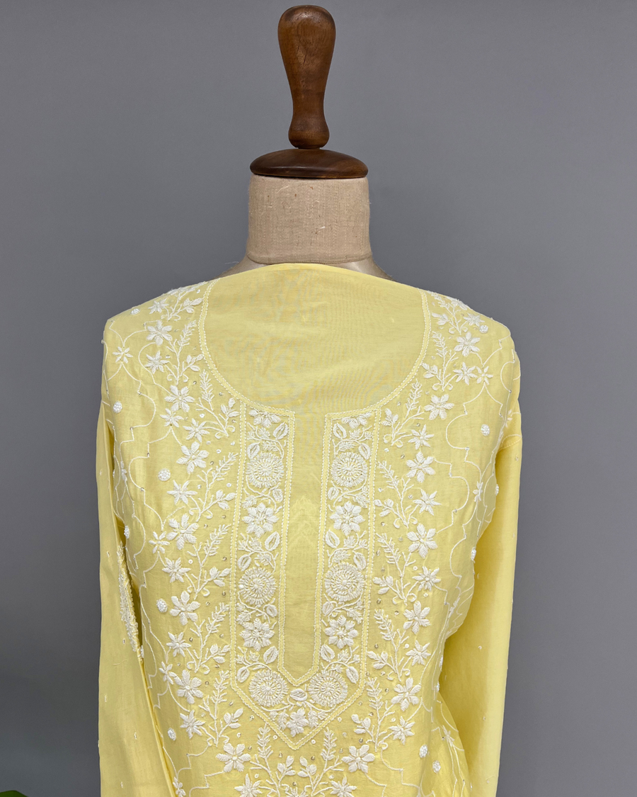 Chanderi Chikankari Co ord Set - Lemon Yellow