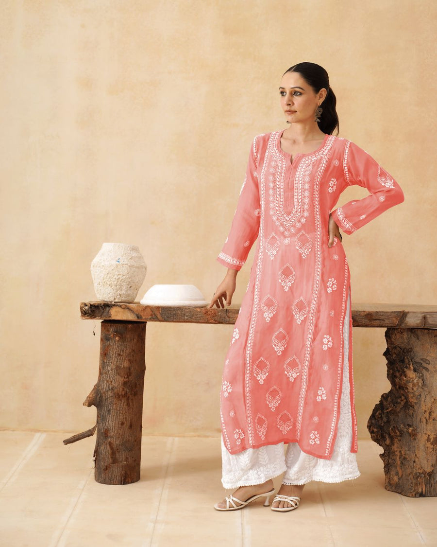 Mul Chikankari Long Kurti - Bubble gum Pink