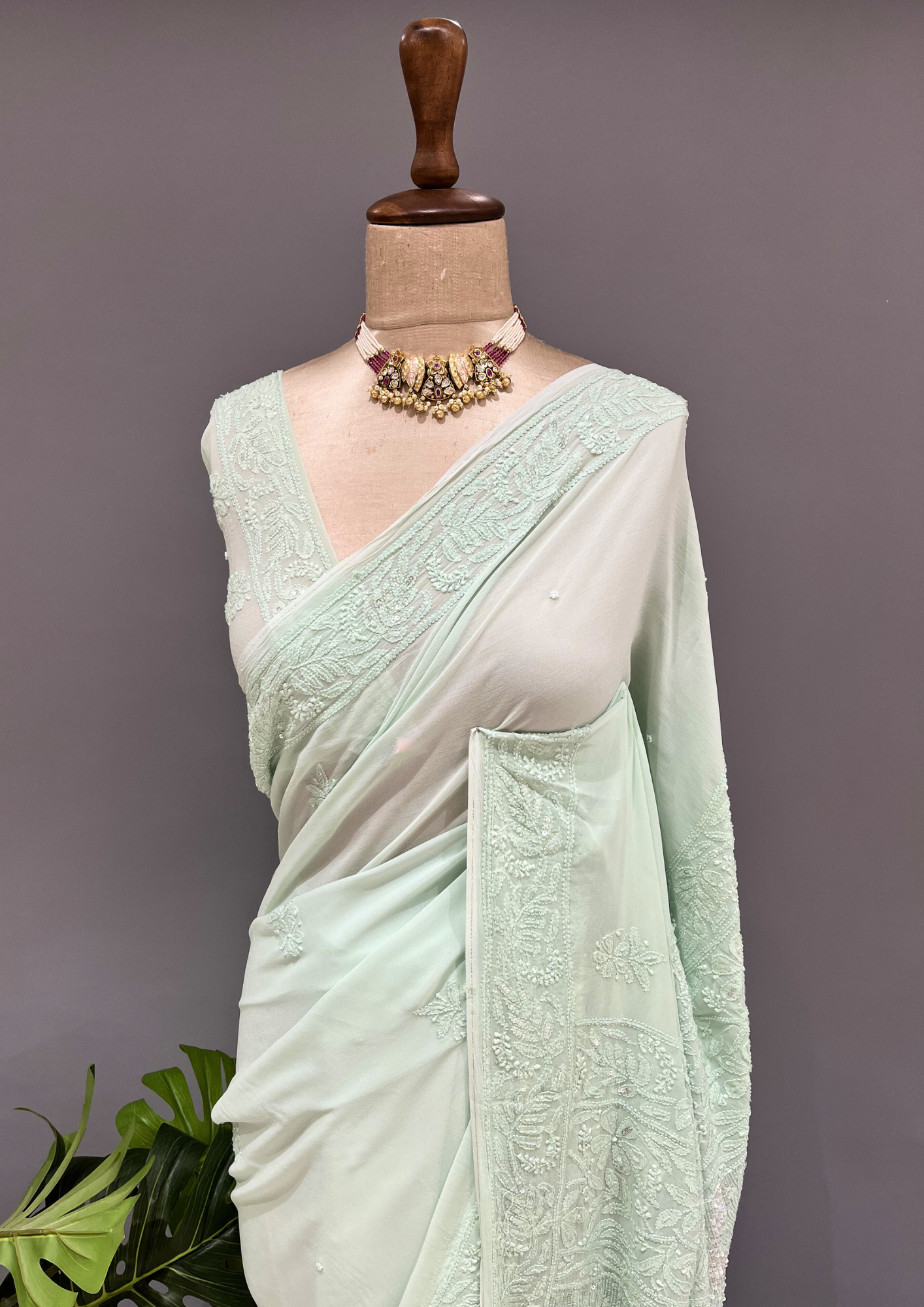 Chikankari Viscose Saree- Mint Green