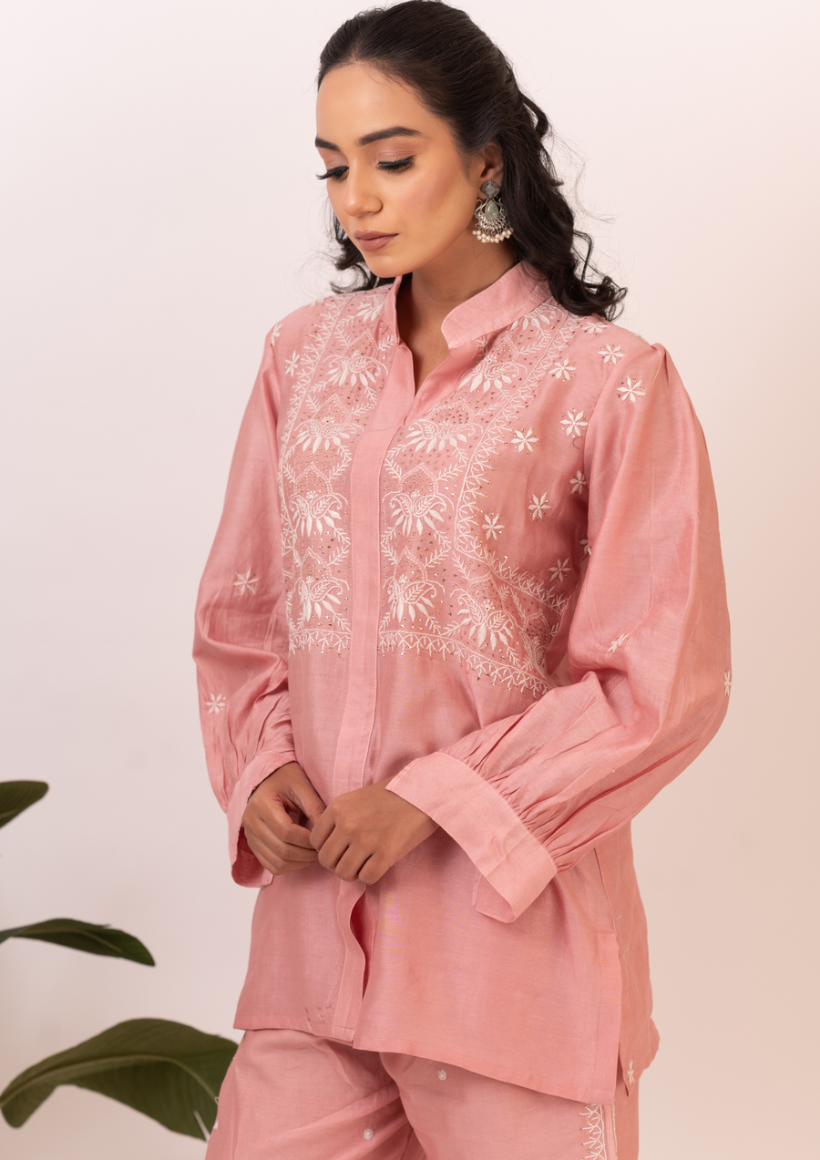 Chanderi chikankari coord set - salmon pink