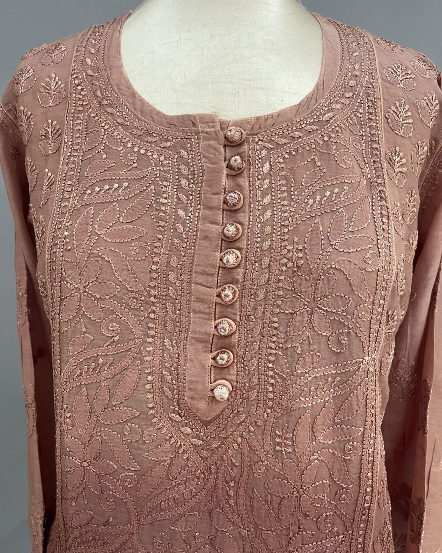 Muslin Chikankari Short Kurti - Brown Ombre