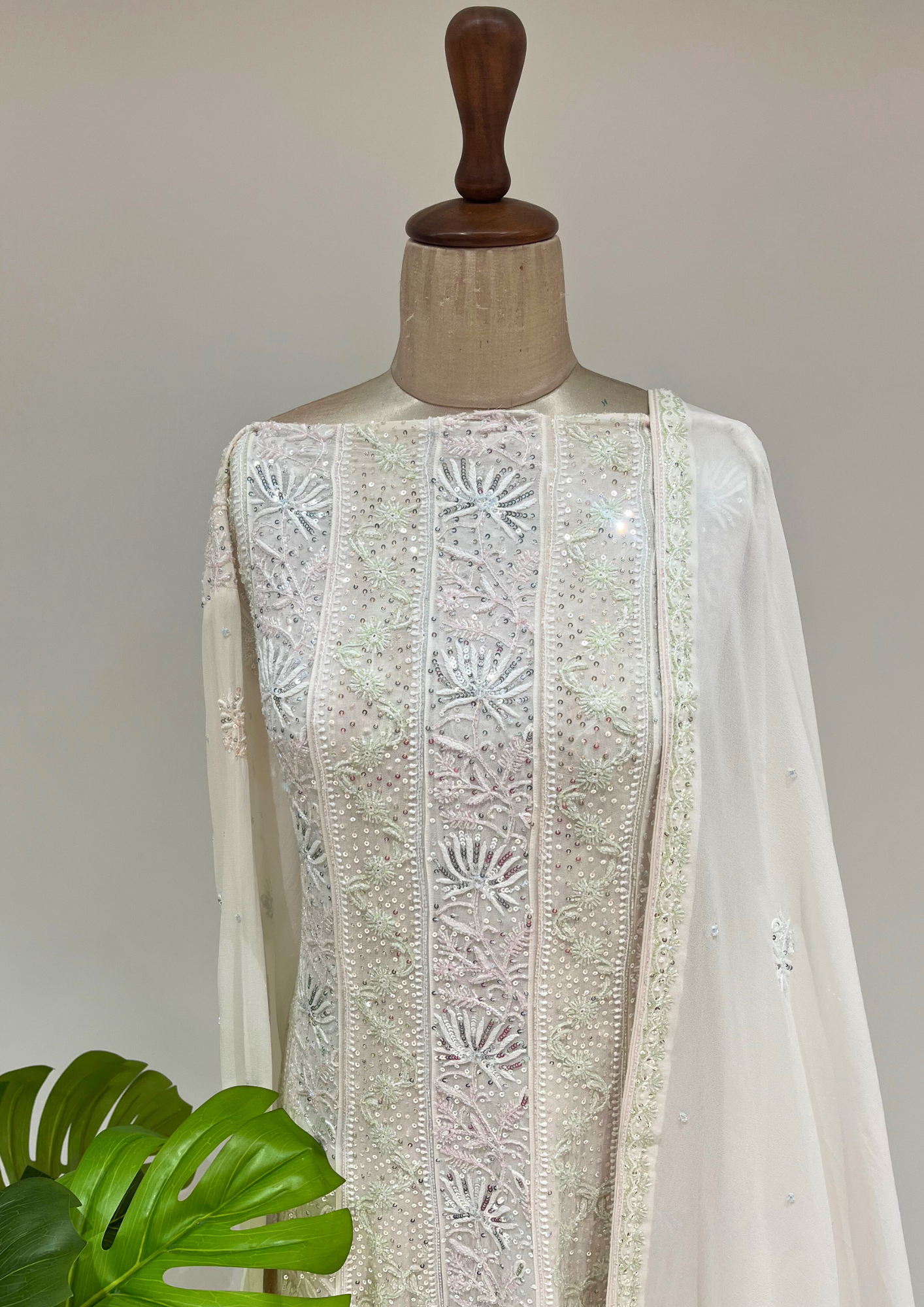 Pure Georgette Semistitched Chikankari Anarkali  - White