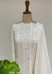 Pure Georgette Semistitched Chikankari Anarkali  - White