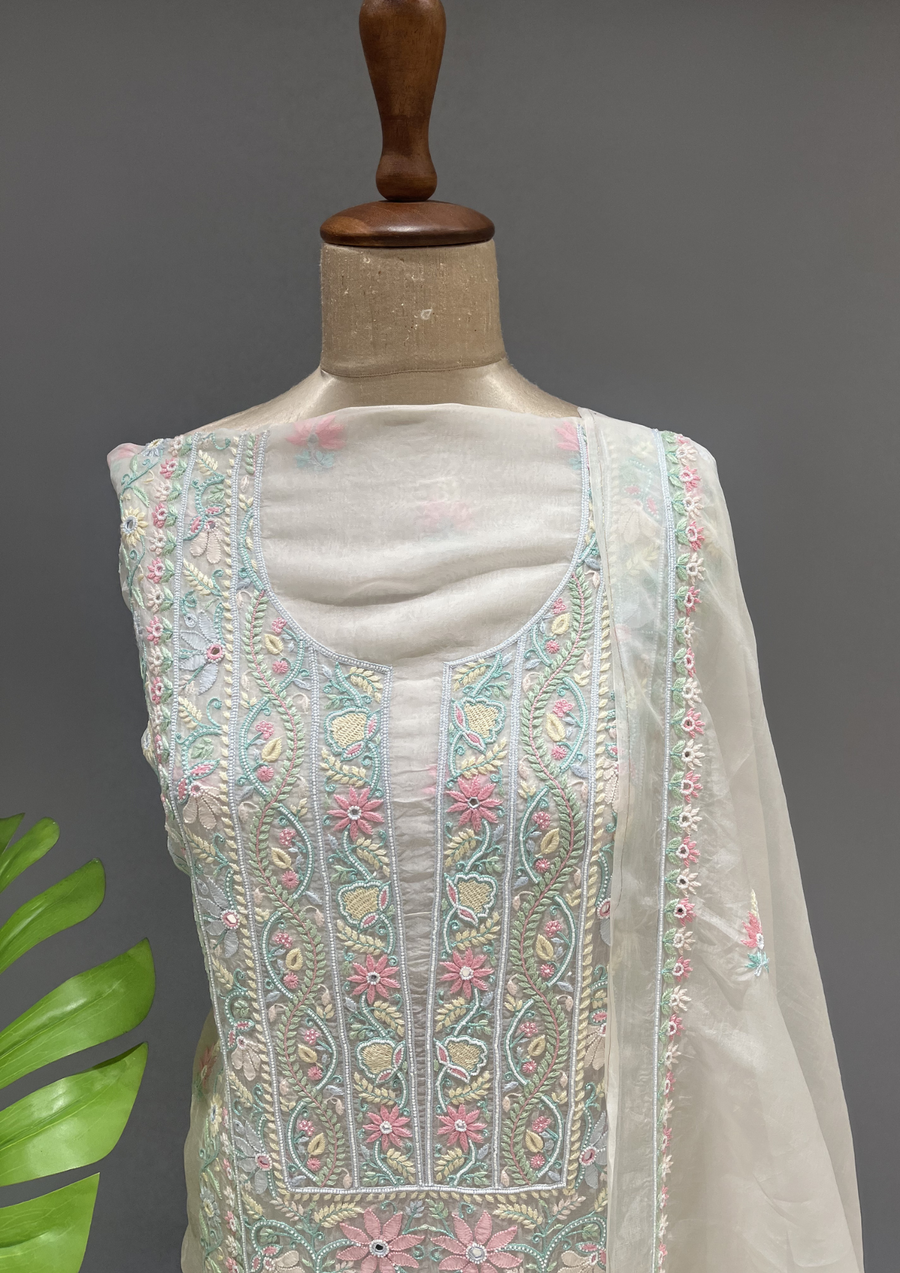 Organza Chikankari Unstitched Suit Set - Ivory