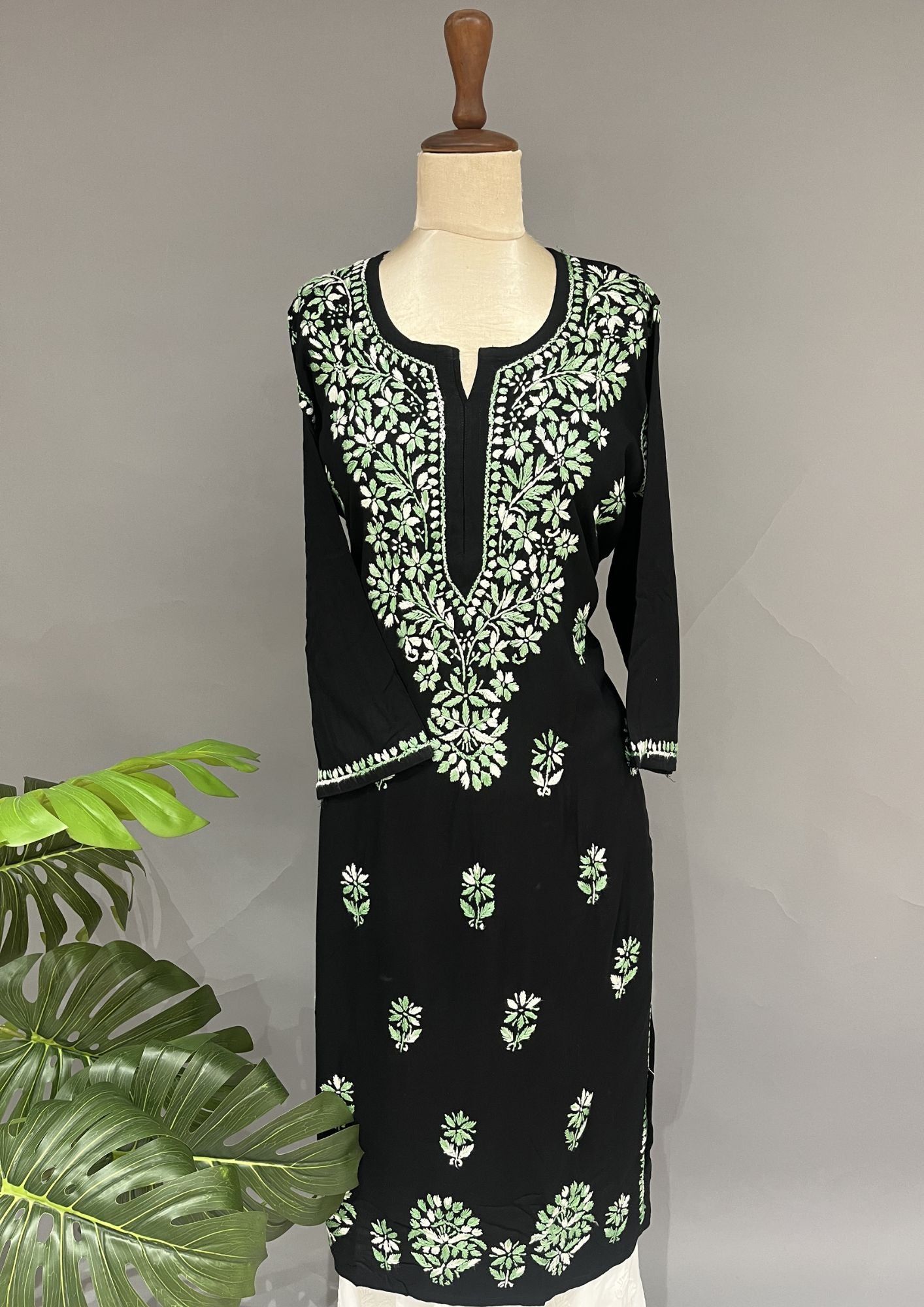 Rayon Chikankari Kurti - Black & Green