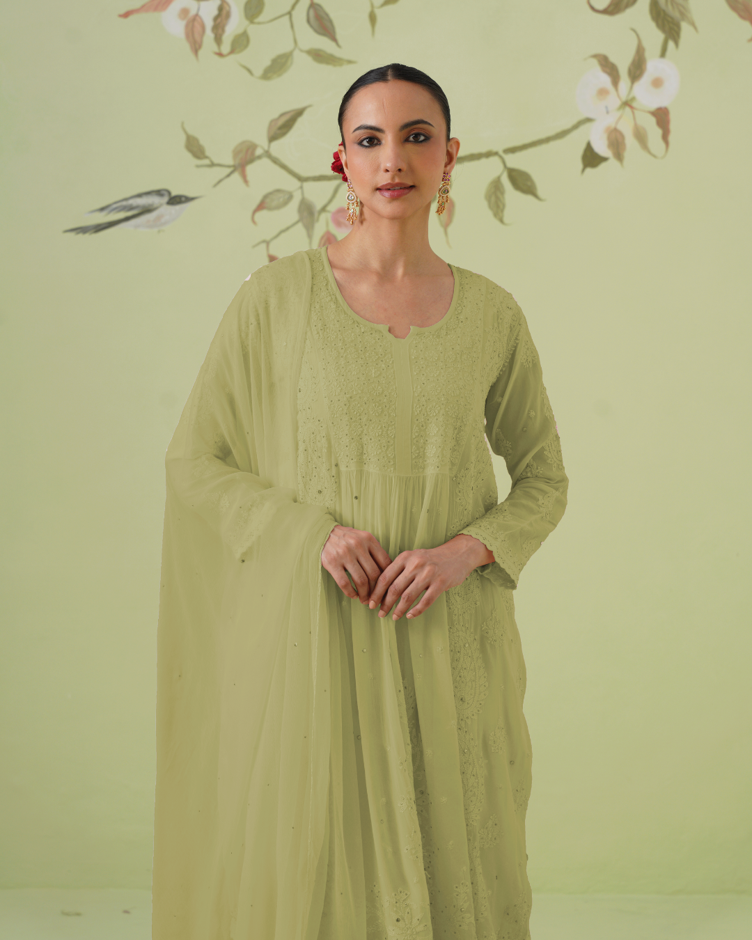 Chikankari Viscose Short Kurta Suit Set - Ombre Sage Green