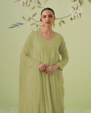 Chikankari Viscose Short Kurta Suit Set - Ombre Sage Green