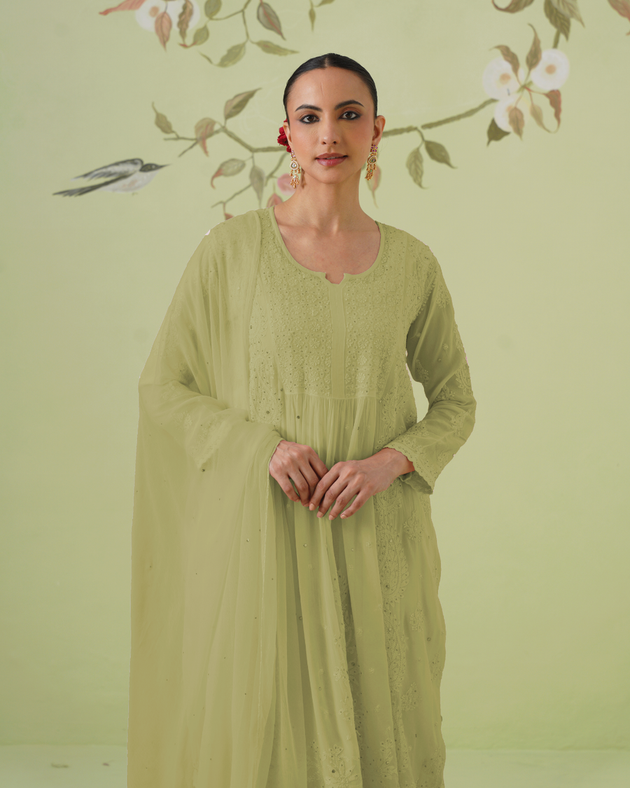 Chikankari Viscose Short Kurta Suit Set - Ombre Sage Green