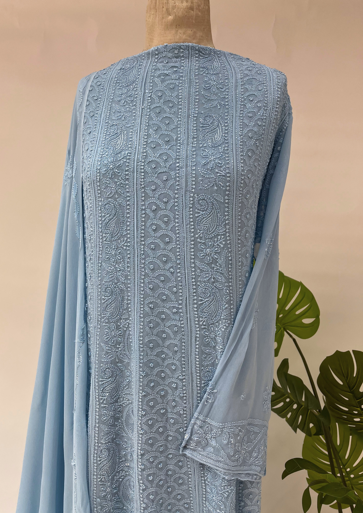 Viscose Chikankari Semistitched Anarkali - Blue Bell