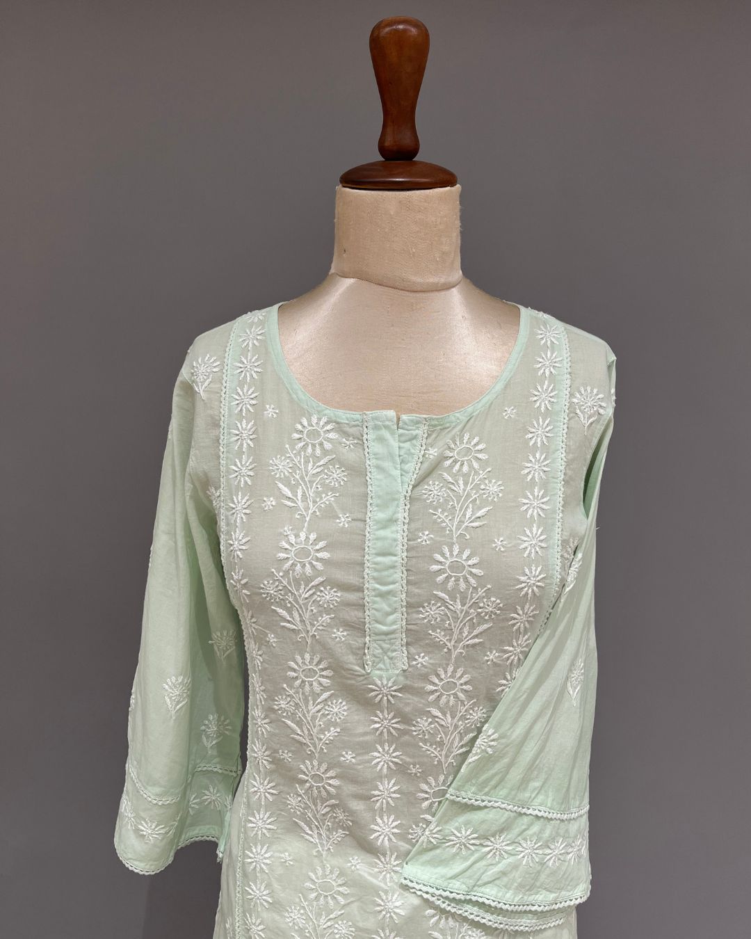 Mul Cotton Chikankari Long Kurti - Mint Green