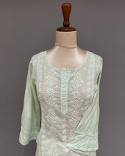 Mul Cotton Chikankari Long Kurti - Mint Green