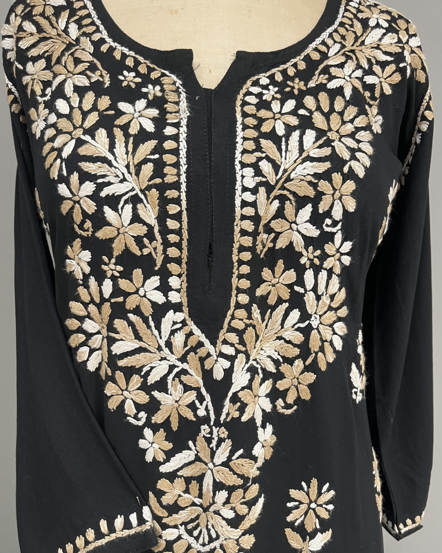 Rayon Chikankari Kurti - Black and Beige