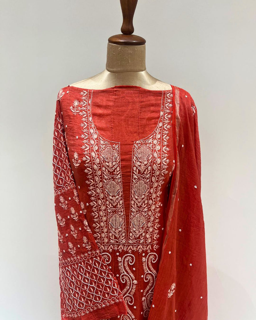 Tissue Chikankari Unstitched Anarkali  - Red Gold