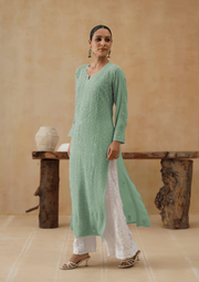 Georgette Chikankari Long Kurti - Teal