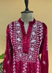 Velvet Chikankari Semistitched Co-ord Set - Magenta