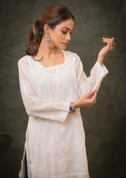 Mul Chanderi  Chikankari Short Kurta - Ivory White