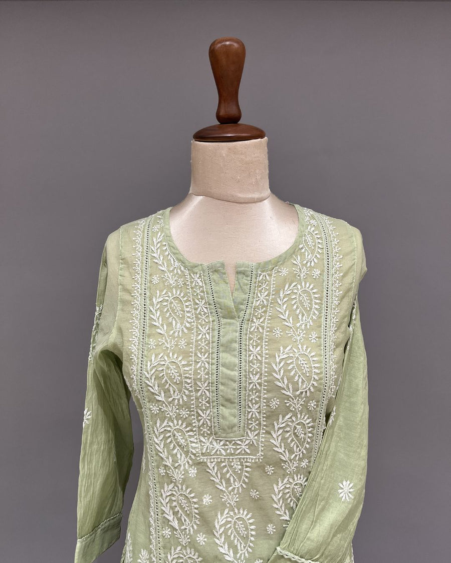 Chanderi Chikankari Co-ord Set - Pistachio Green
