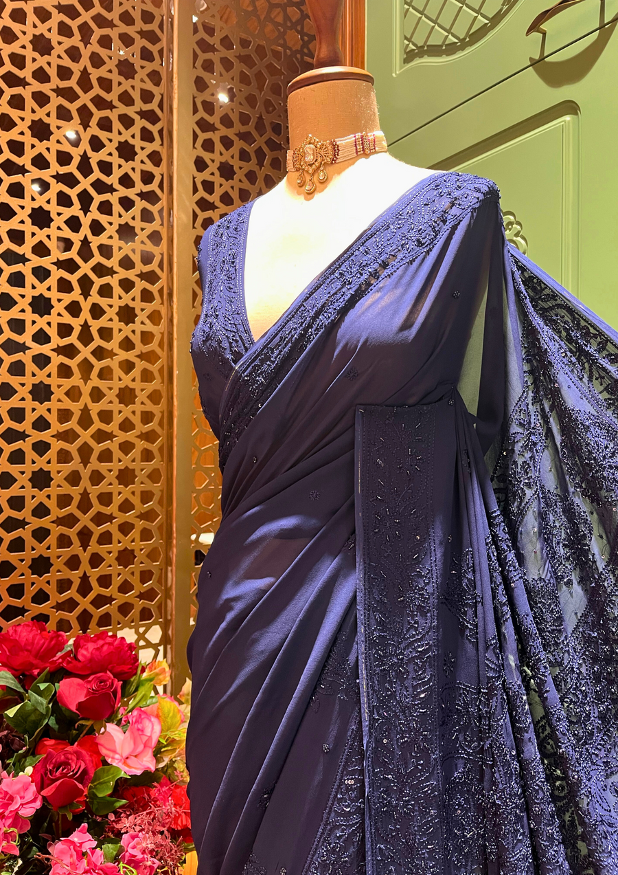 Chikankari Viscose Saree - Midnight Blue