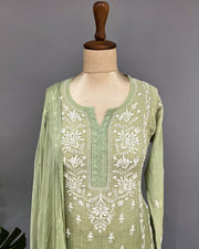 Mul Chanderi Chikankari Stitch 3 pc Suit - ombre Green