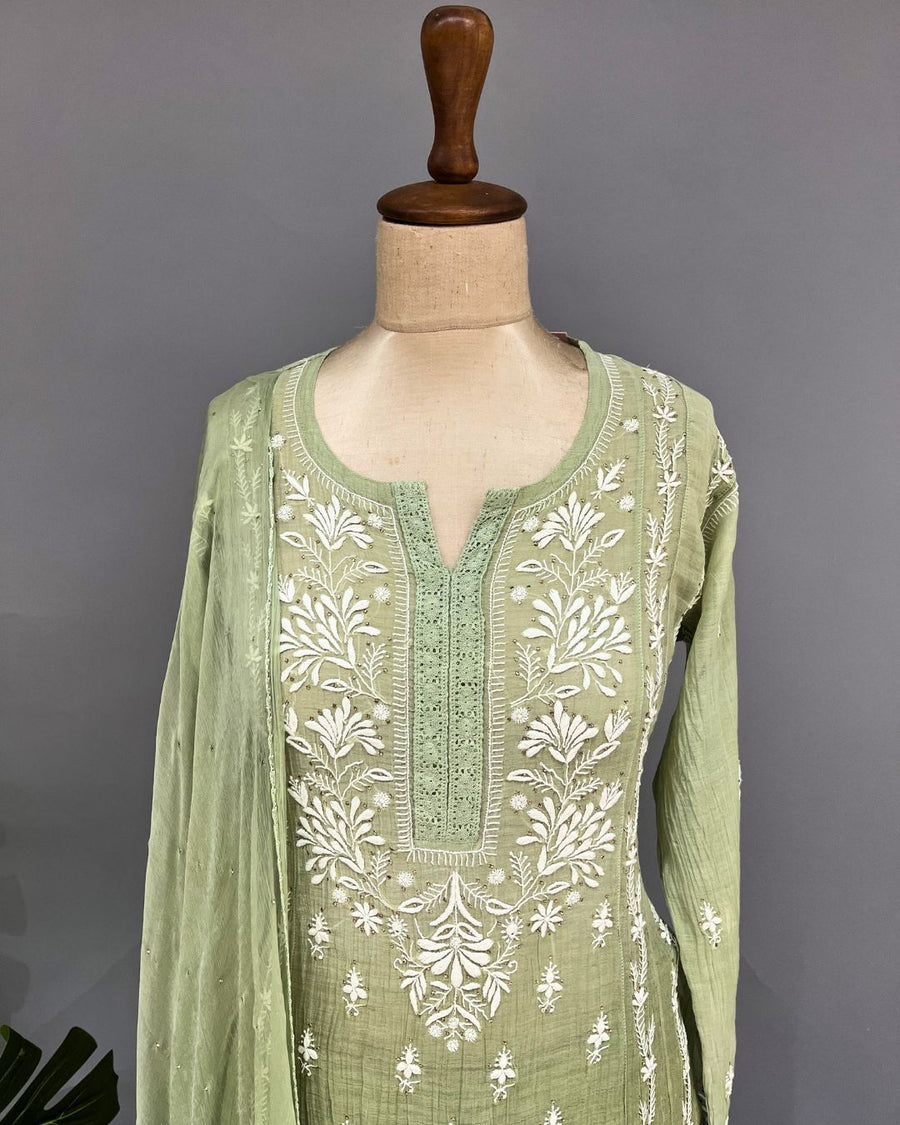 Mul Chanderi Chikankari Stitch 3 pc Suit - ombre Green