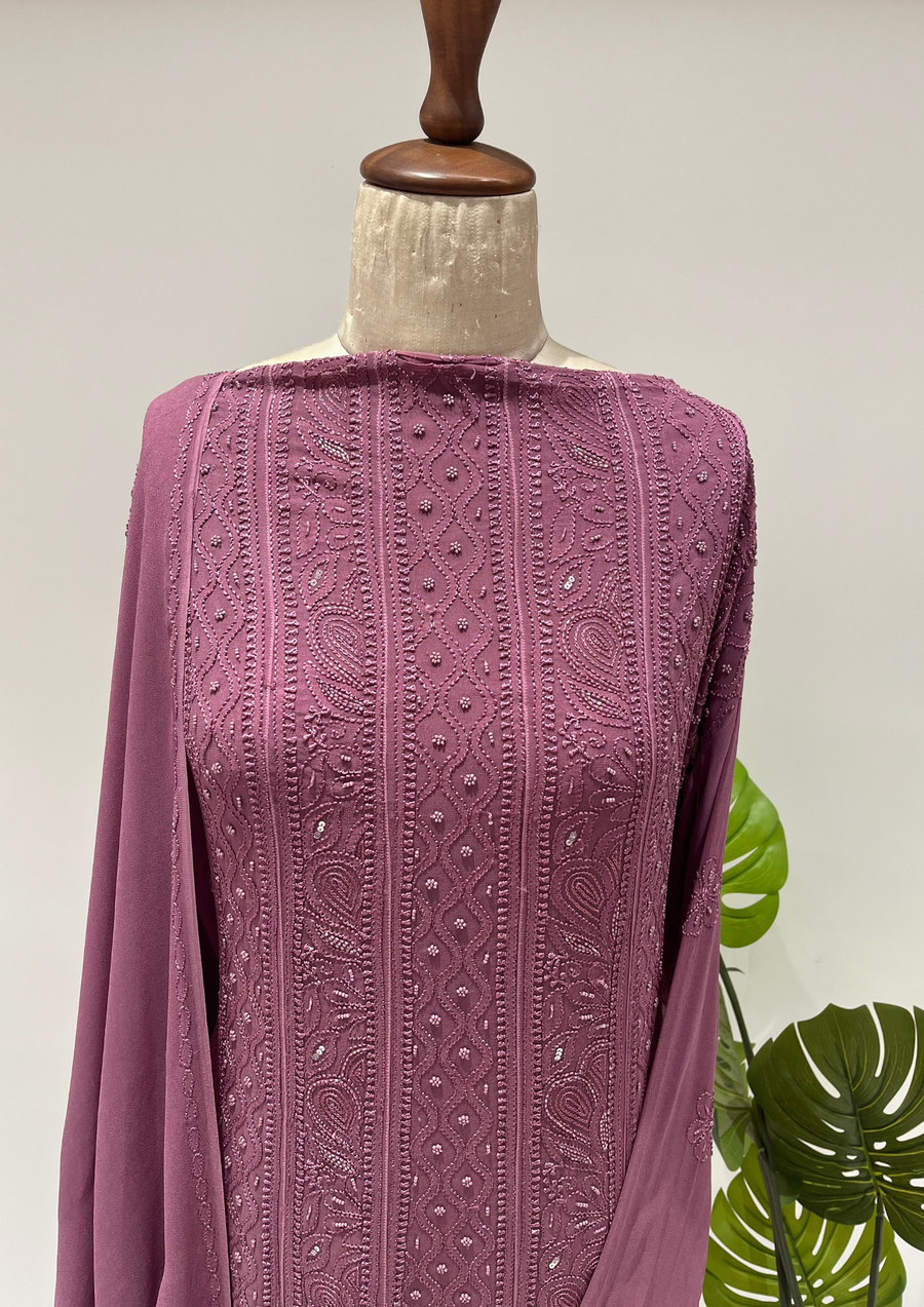 Viscose Chikankari Semistitched Anarkali- Plum