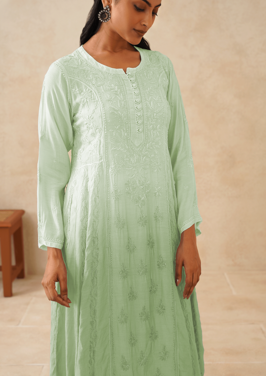 Muslin Chikankari A-line Long Kurti - Ombre Sage Green