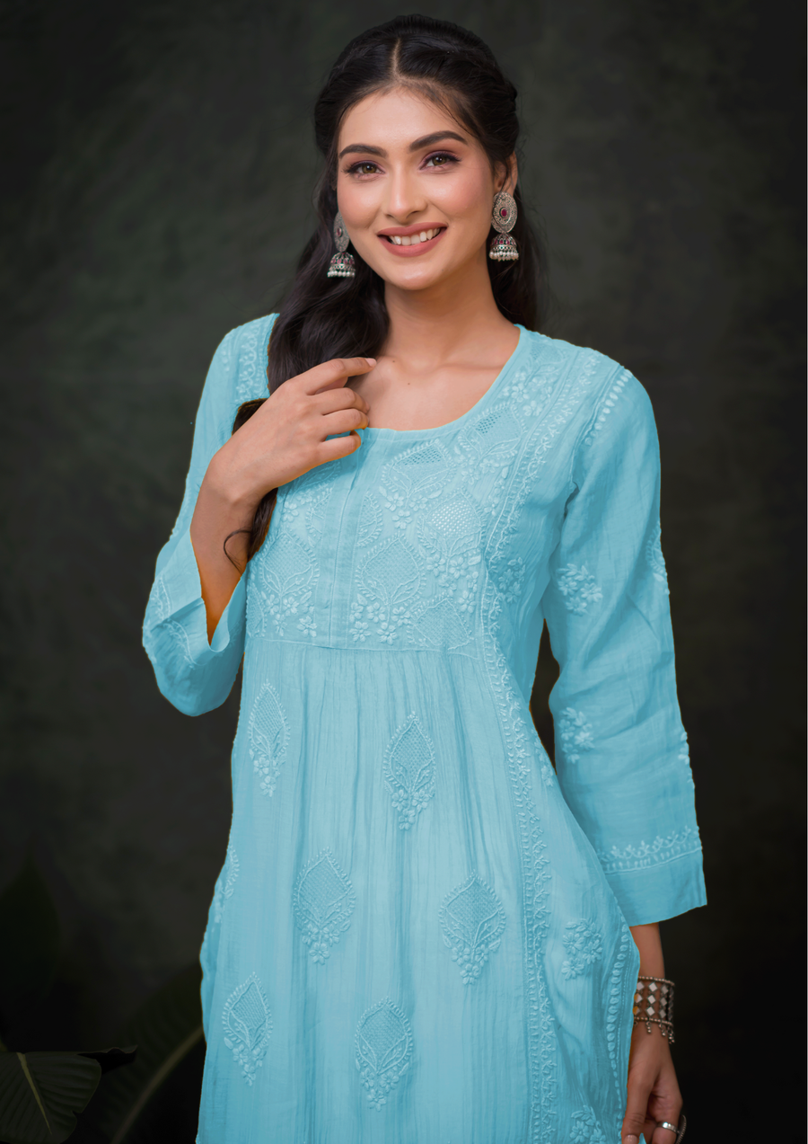Mul Chikankari Long Kurti - Aqua Blue