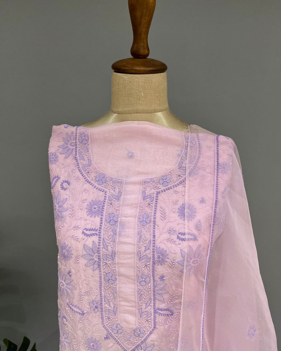 Chikankari Organza Unstitched Suit - Pink