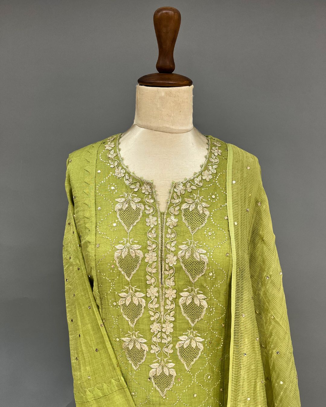 Tissue Chikankari Stitch 3pc Suit - Avocado Green