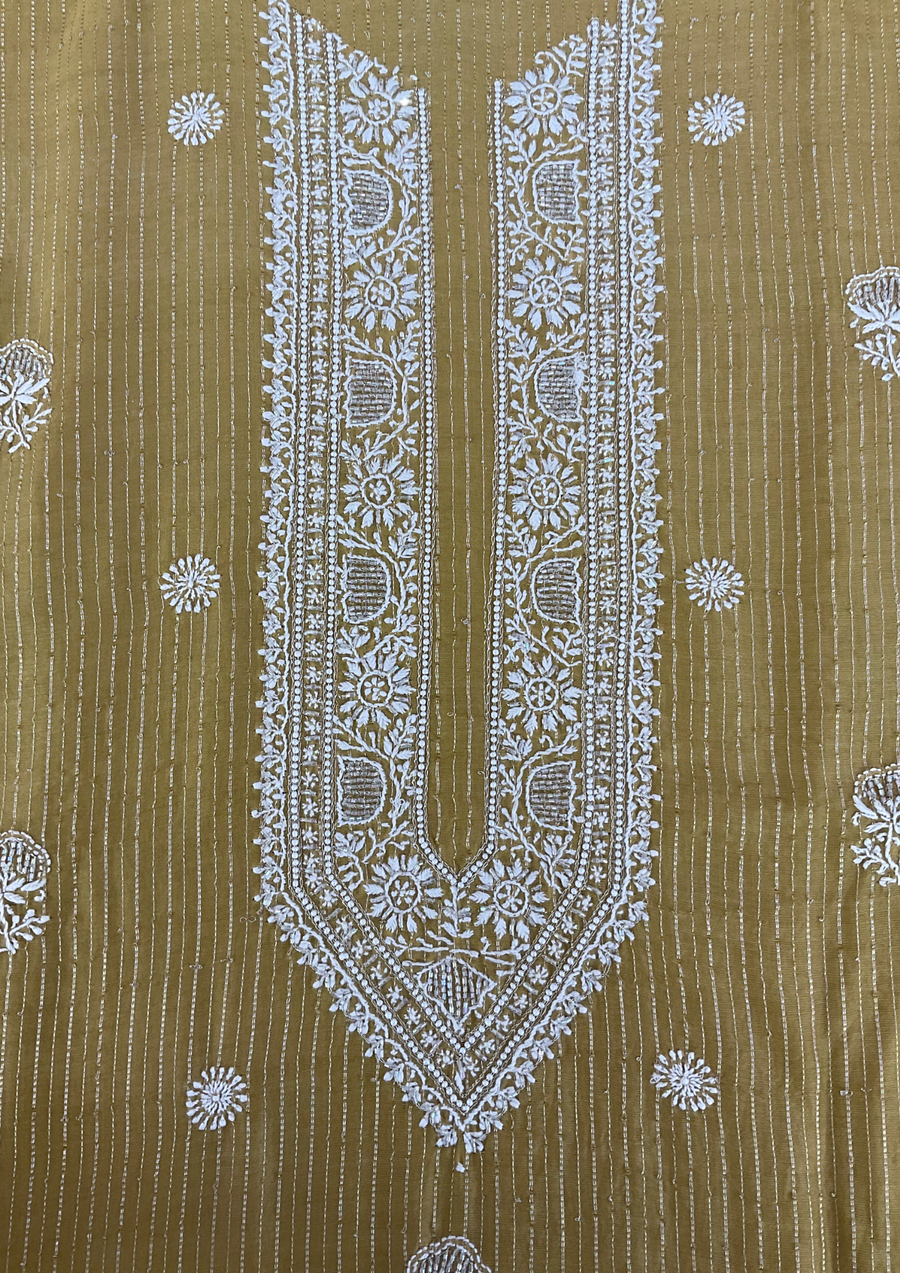 Chanderi Chikankari Unstitched Mens Kurta - Mustard Yellow