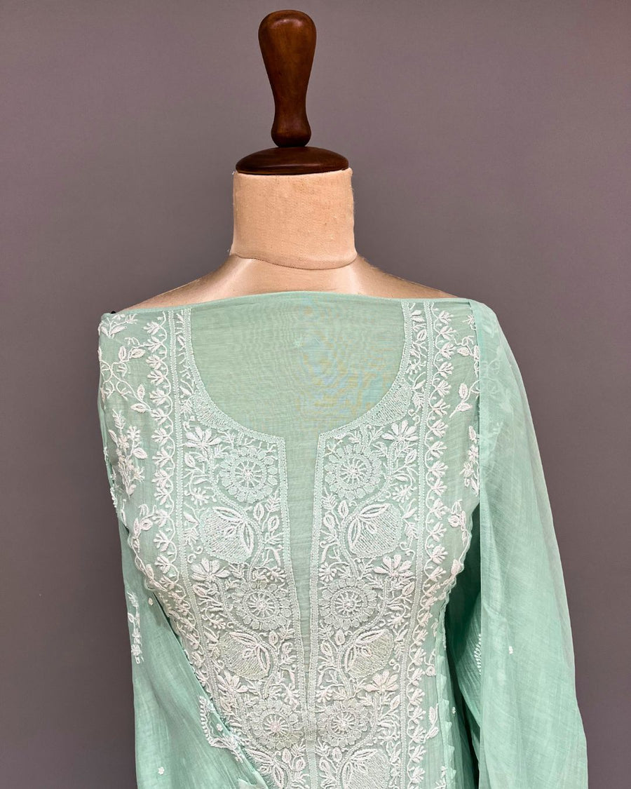 Mul Chanderi Chikankari Unstitched 2pc Suit - Sea Foam Green