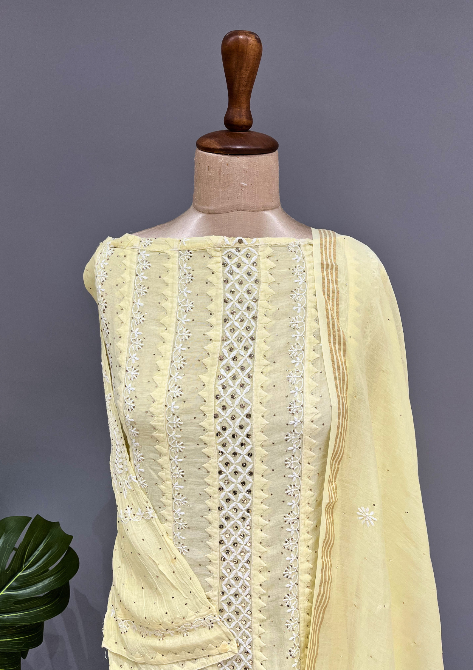 Chikankari Mul Chanderi Anarkali set - Daffodil Yellow