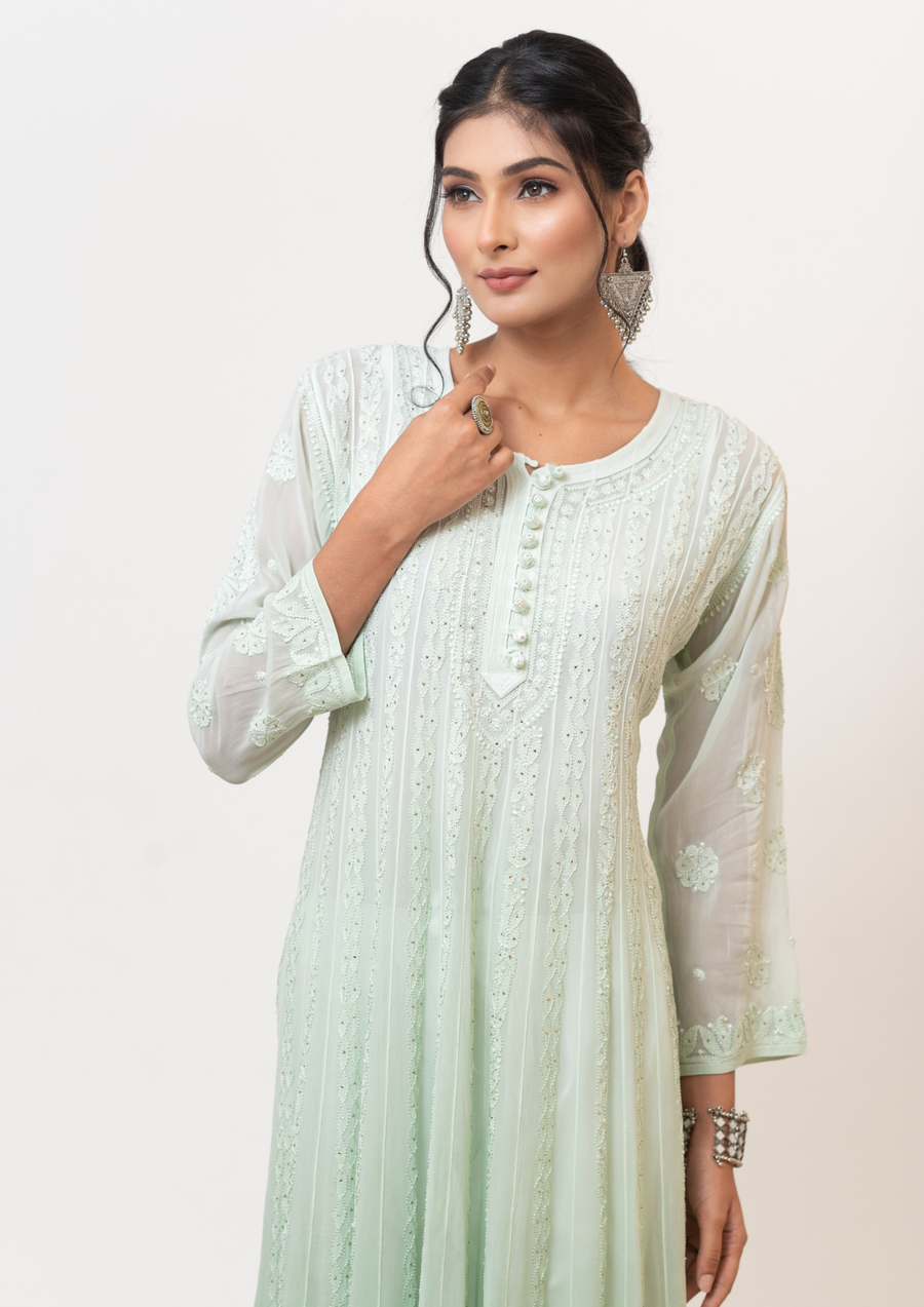 Georgette Chikankari A-line Kurta - Ombre Green