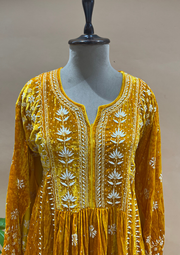 Velvet Chikankari Semistitched Palazzo Set - Sunshine Yellow