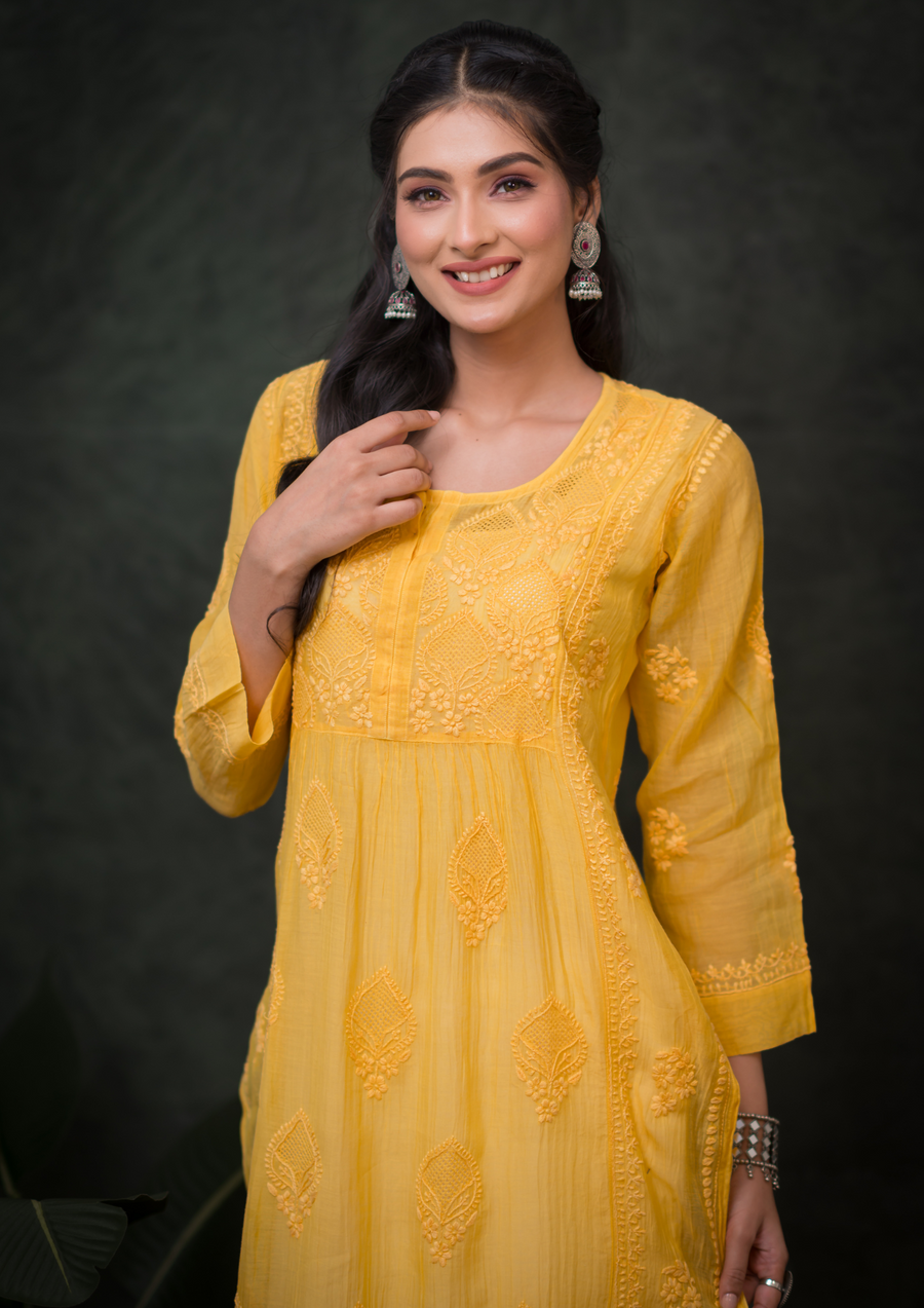 Mul Chikankari Long Kurti - Sunshine Yellow