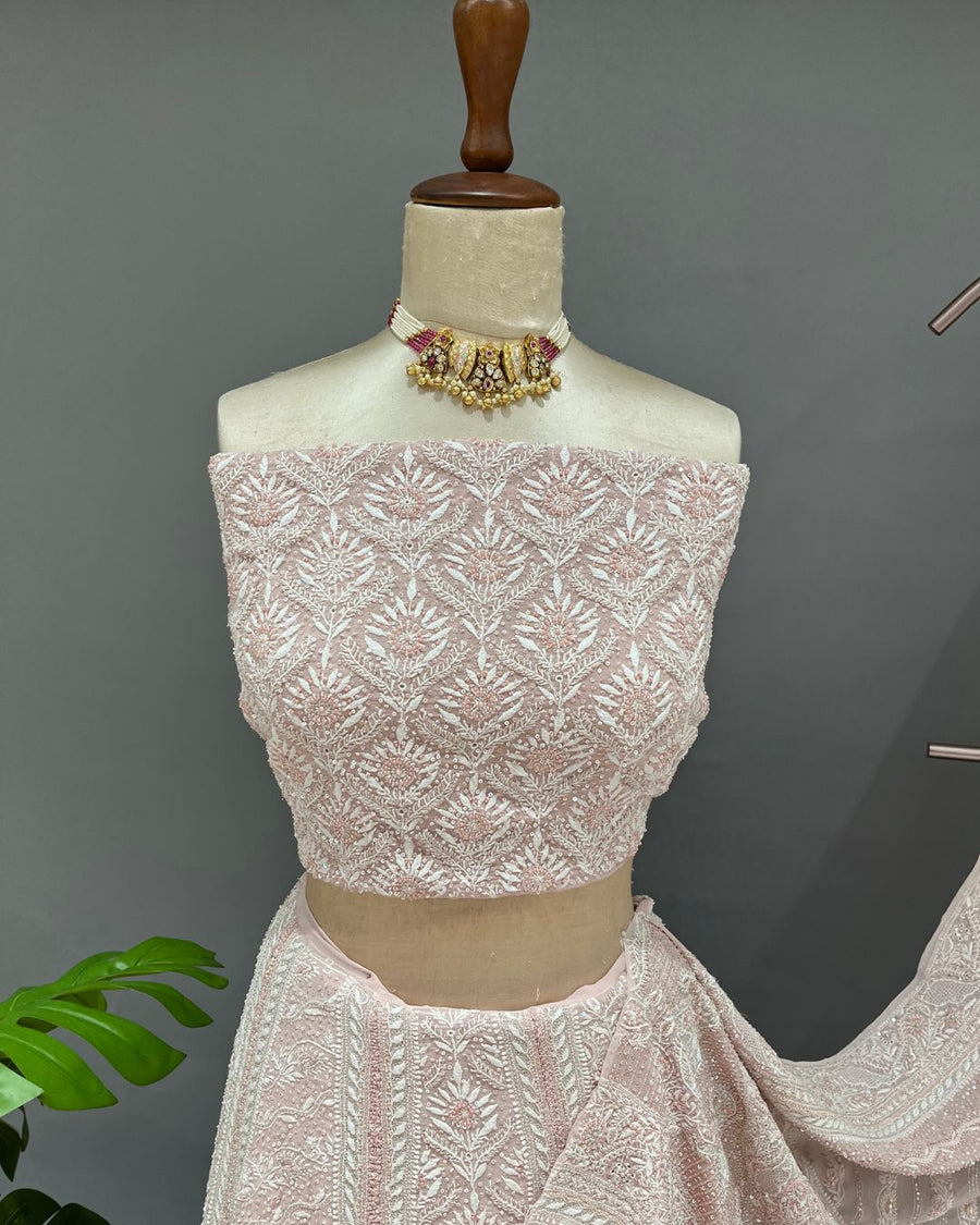 Pure Georgette Chikankari Unstitched Lehnga - Dusty Pink