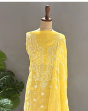 Mul Chanderi Chikankari Unstich 2pc suit - Butter Yellow