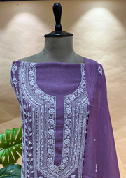 Chikankari Mul Chanderi Unstitched 2pc Suit - Mauve