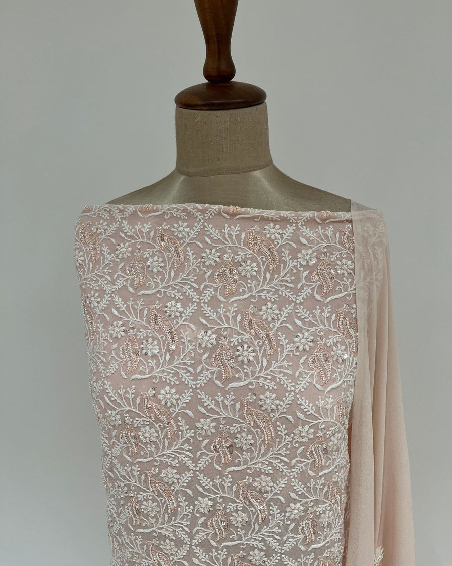 Pure Georgette Chikankari Unstitched 2pc Suit - Peach
