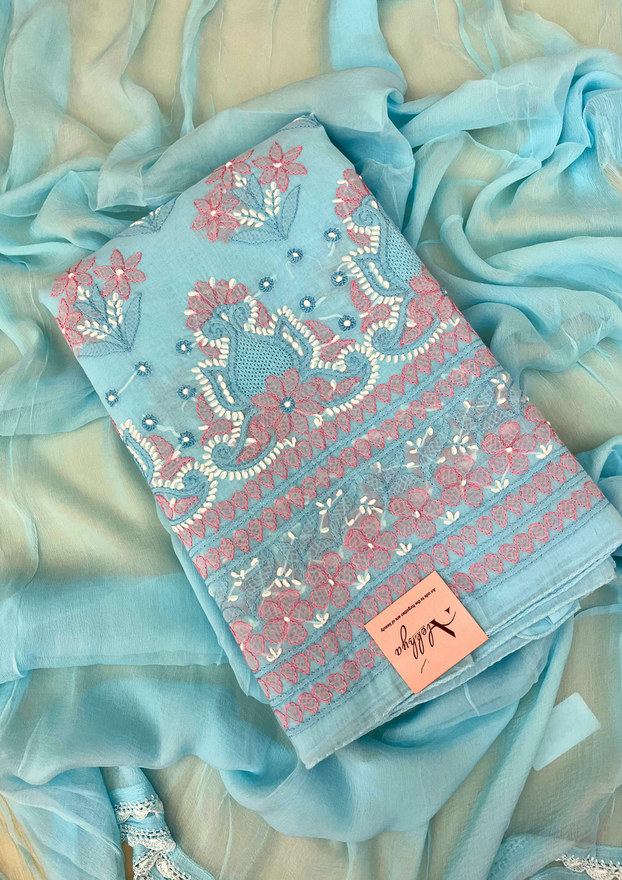 Cotton Unstitched Chikankari suit - Pink And Blue